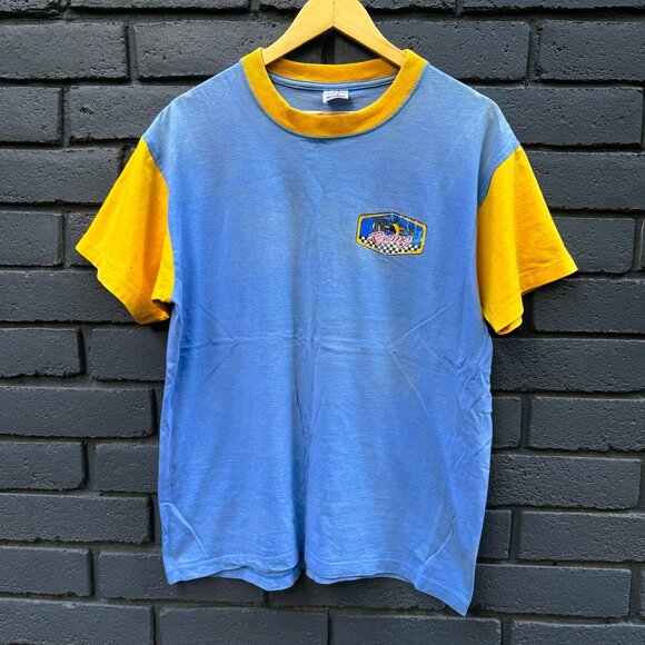 VTG Sunshine T shirt Racing Graphic Print Colorblock Blue Yellow L Short Sleeves - Picture 1 of 16